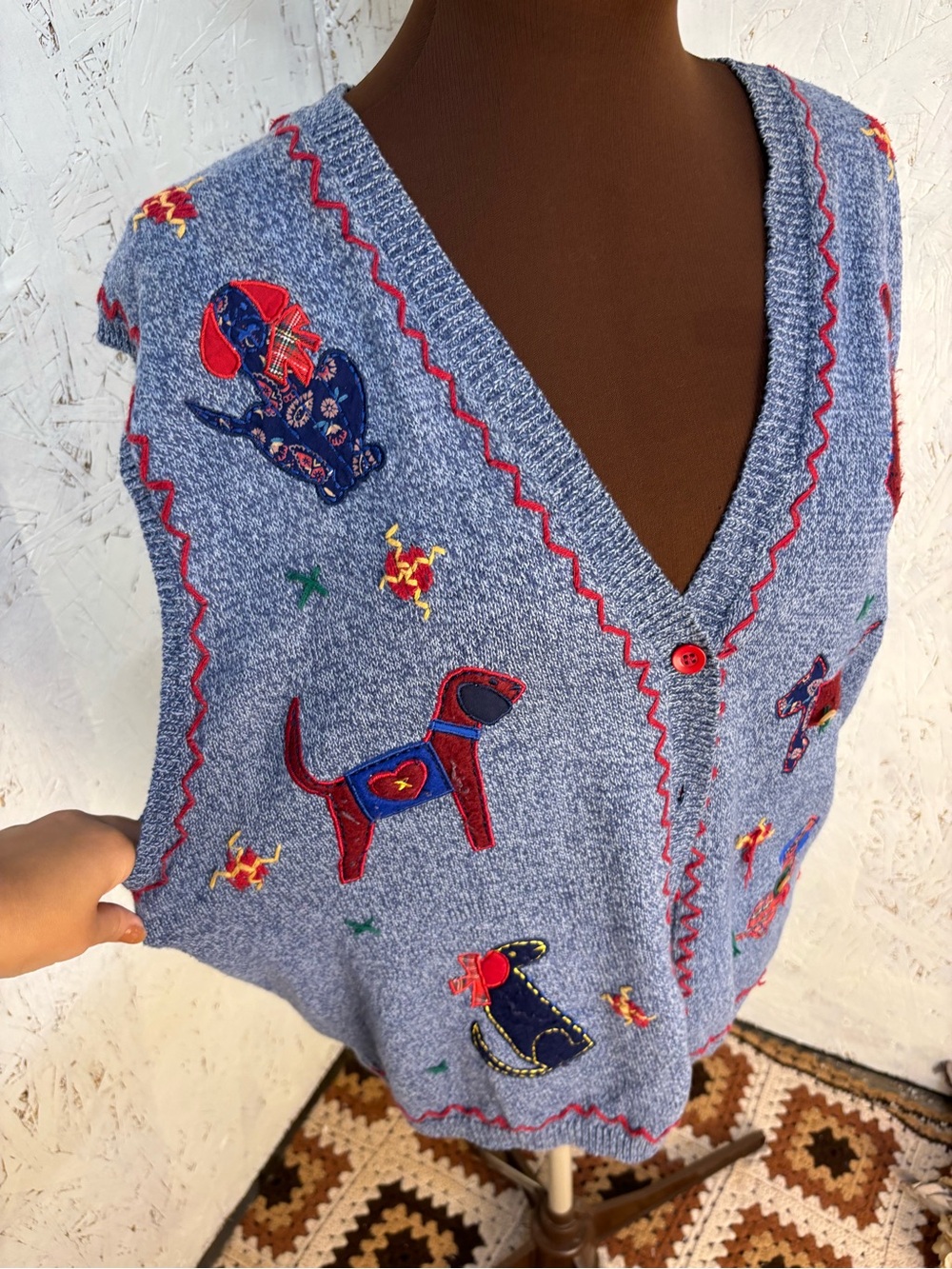 Vintage Napa Valley Embroidered Dog Mom Lover Patchwork Cardigan Blue Size Large - Picture 2 of 6